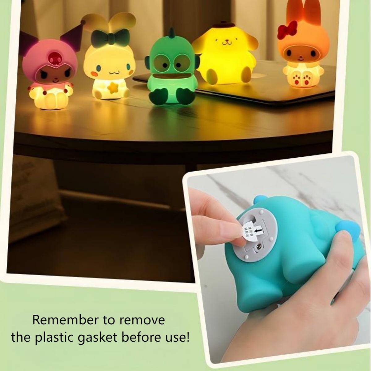 Sanrio Cute Anime Night Lights in different designs, showing battery compartment and instructions for use. Ideal for home decor.