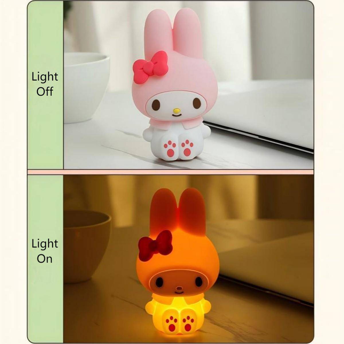 Sanrio Cute Anime Night Light featuring My Melody in both off and glowing modes. A charming addition to any bedroom.