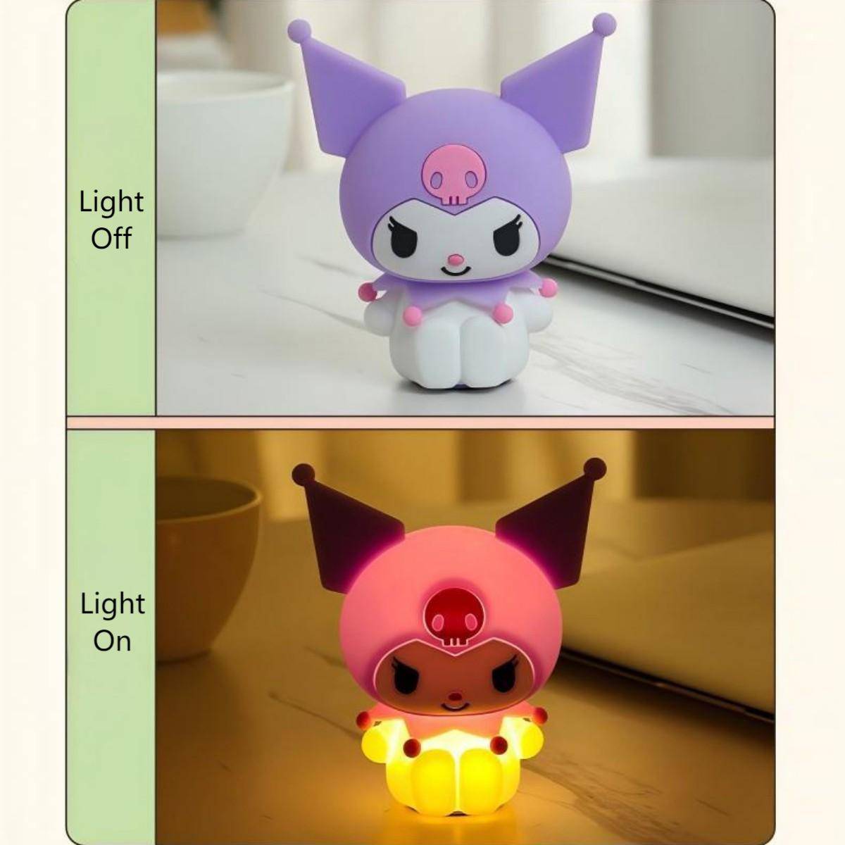 Sanrio Cute Anime Night Light showcasing Kuromi in off and glowing modes. Perfect for a cozy and playful night light.