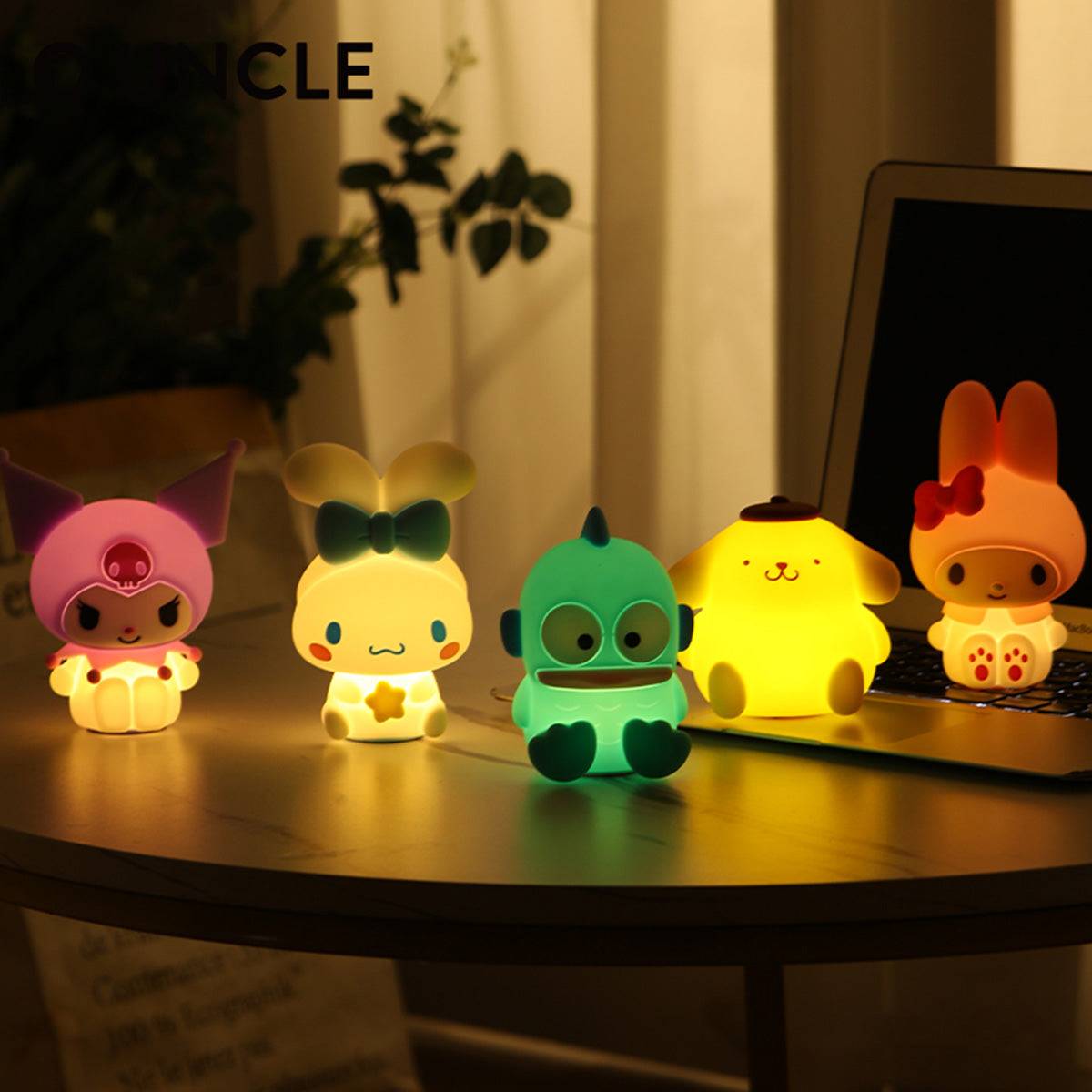 Sanrio Cute Anime Night Lights glowing in a dark room, featuring multiple characters. Ideal for a cozy and playful ambiance.