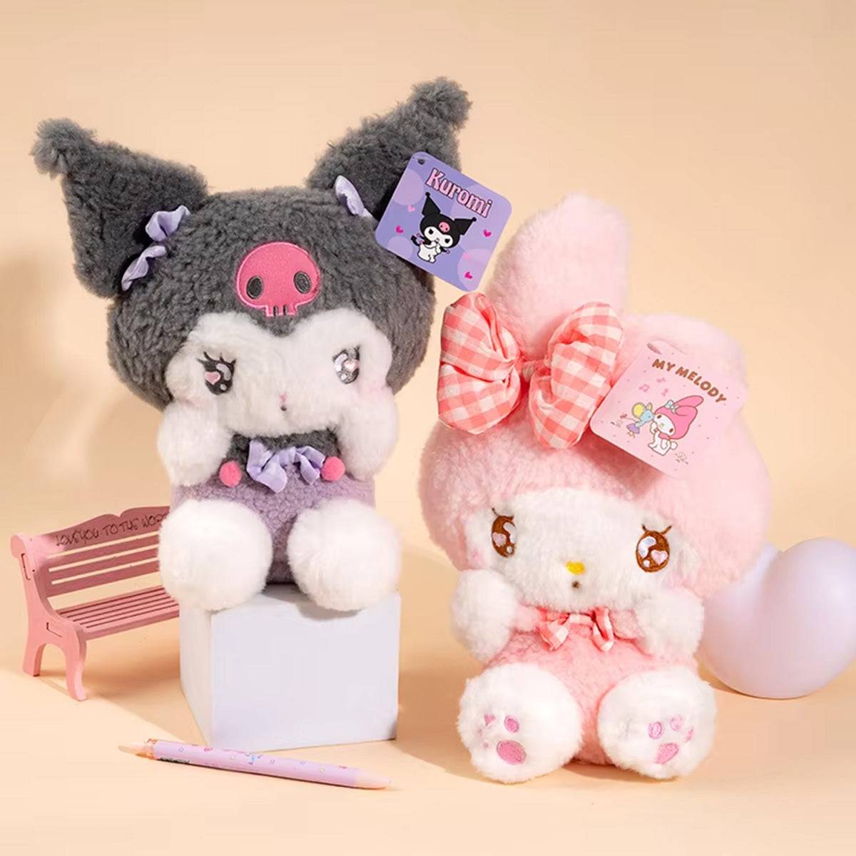Sanrio Cute Justice Series My Melody and Kuromi plush keychains 10cm, showcasing soft textures, pastel colors, and embroidered details.