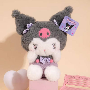 Sanrio Cute Justice Series Kuromi plush keychain 10cm, designed with fluffy gray fur, a skull emblem, and delicate ribbon accents.