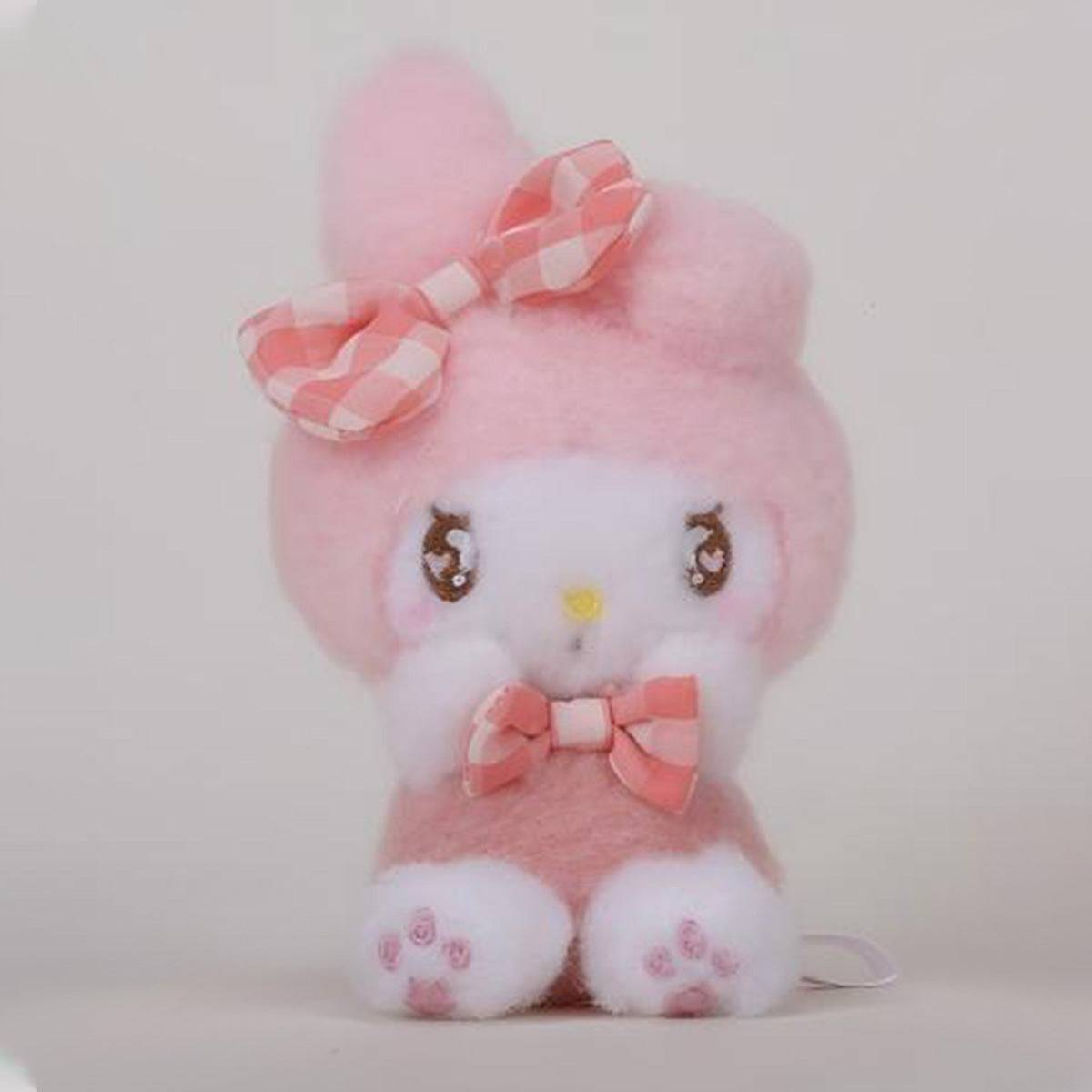 Sanrio Cute Justice Series My Melody plush keychain 10cm, featuring a soft pink design with embroidered eyes and a gingham bow.