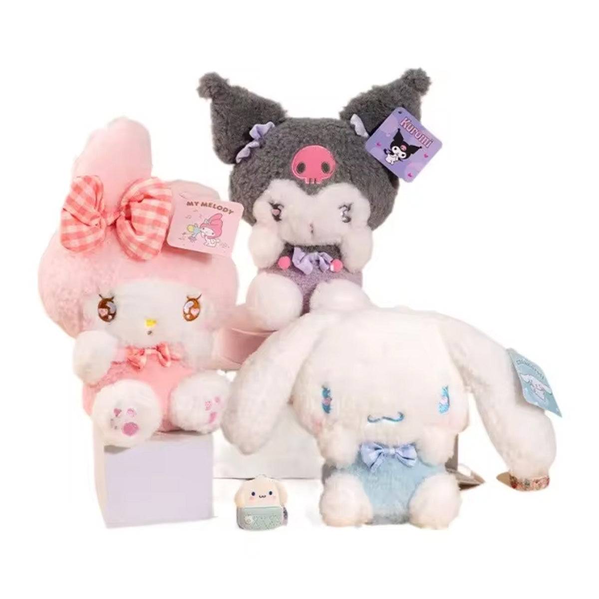 Sanrio Cute Justice Series plush keychains 10cm, featuring My Melody, Kuromi, and Cinnamoroll in a charming collectible set.