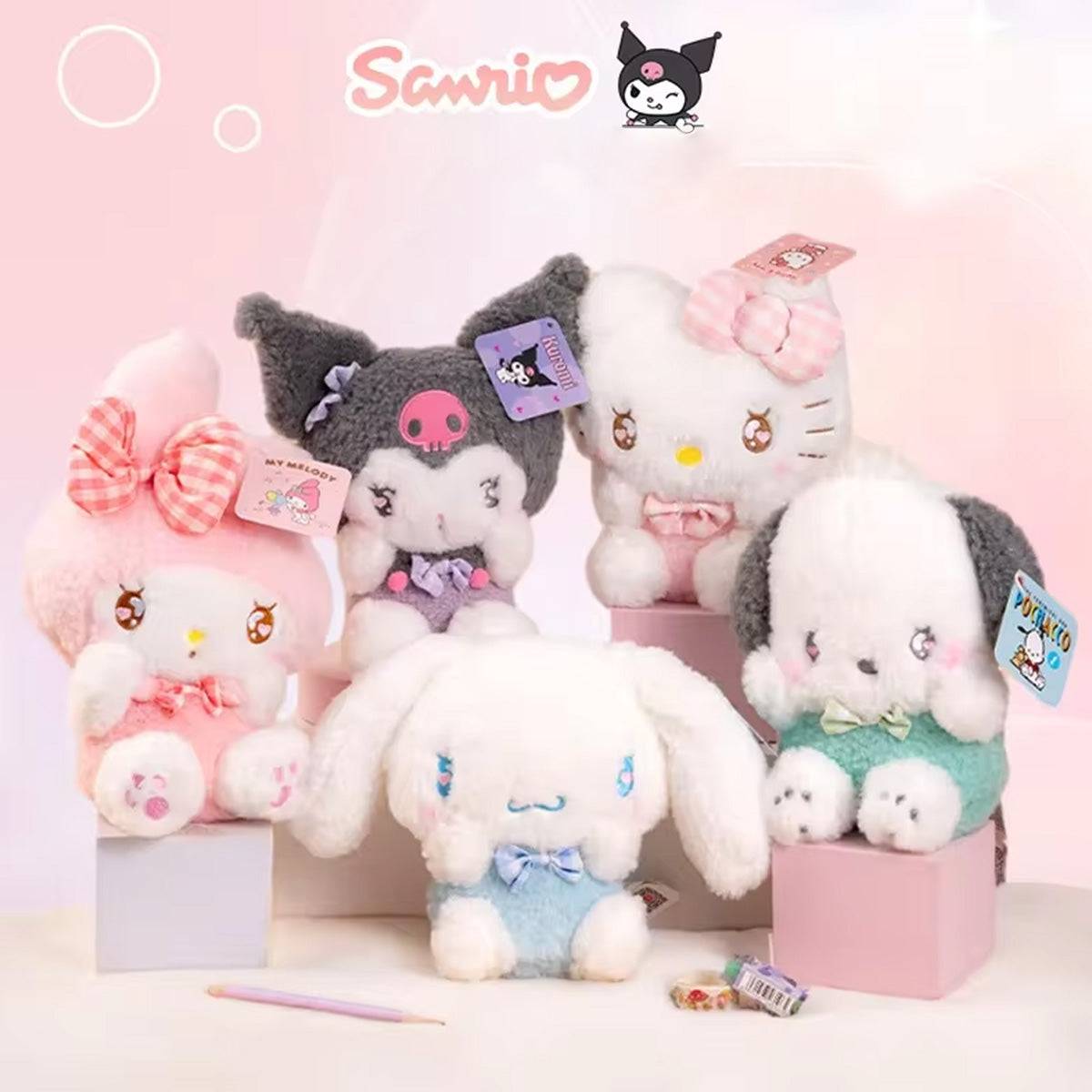 Collection of Sanrio Cute Justice Series plush keychains 10cm, featuring My Melody, Kuromi, Cinnamoroll, and Hello Kitty in soft pastel colors.