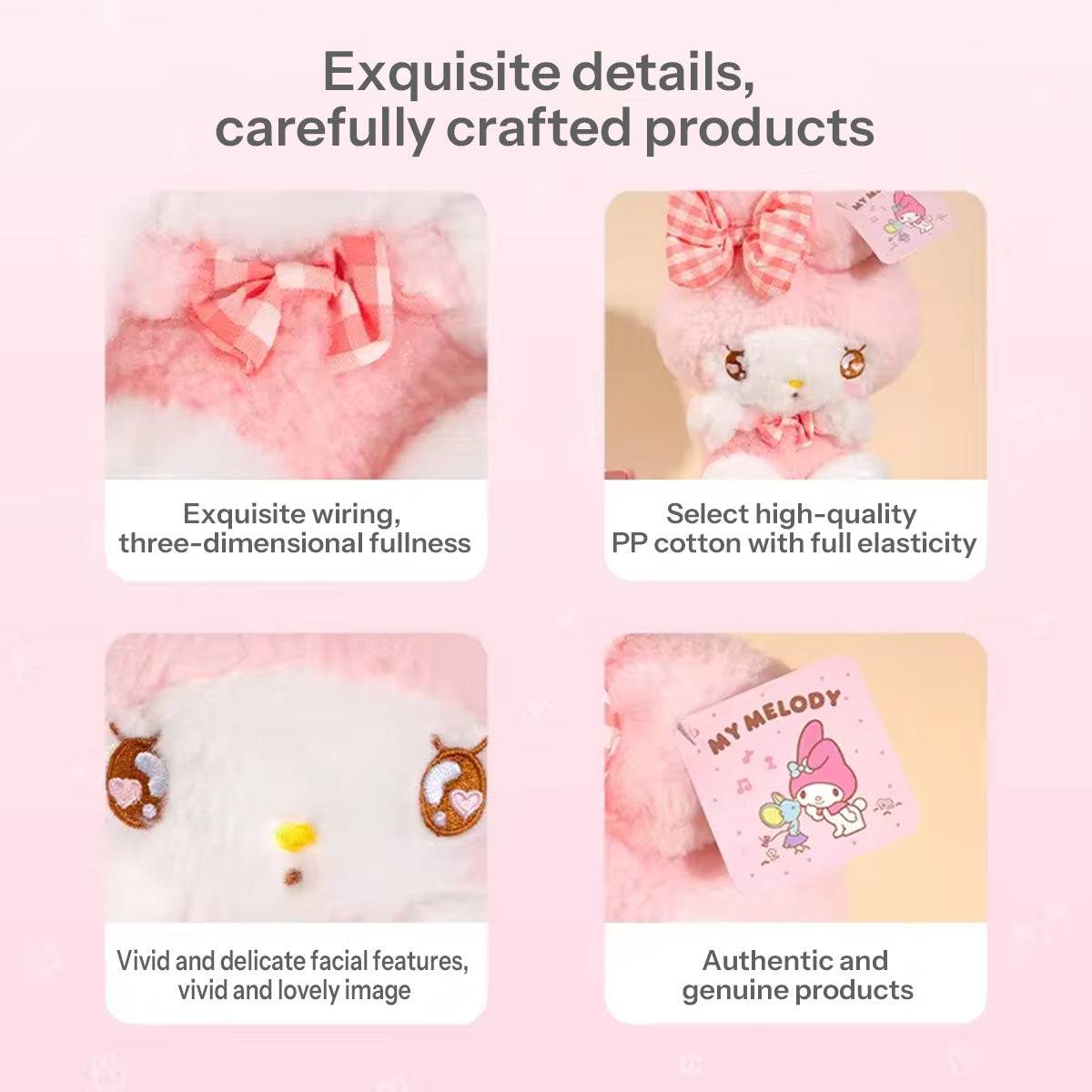 Close-up details of Sanrio Cute Justice Series plush keychains, highlighting soft materials, embroidery, and high-quality craftsmanship.
