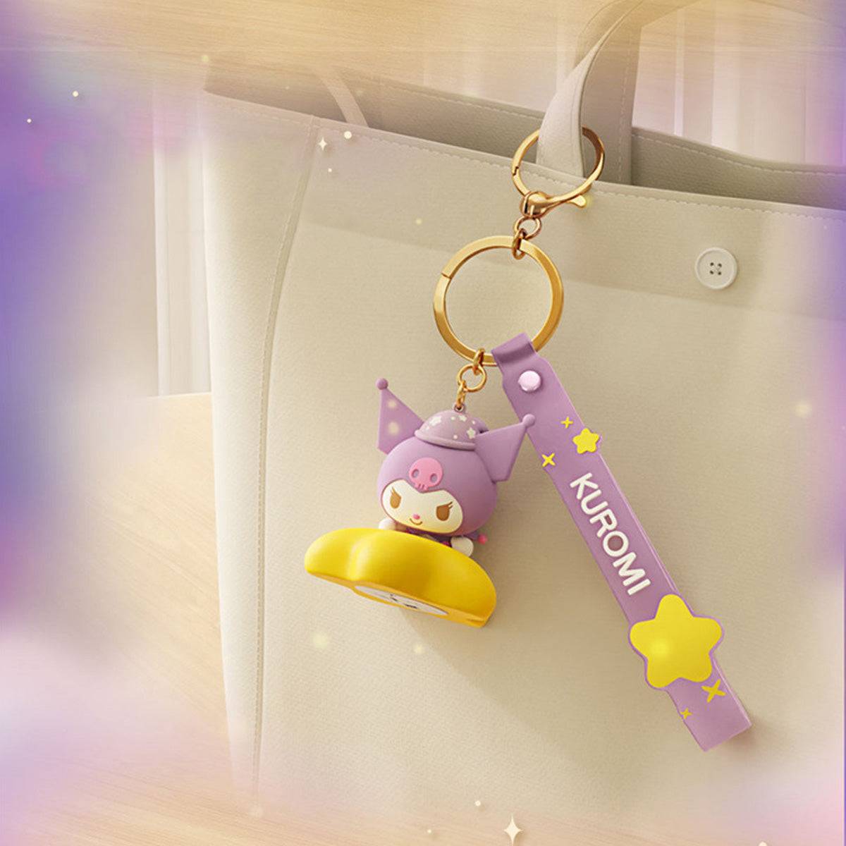 Kuromi Sanrio Family Star Night Light Series Pendant Keychain attached to a handbag, featuring a glowing yellow base and purple strap.