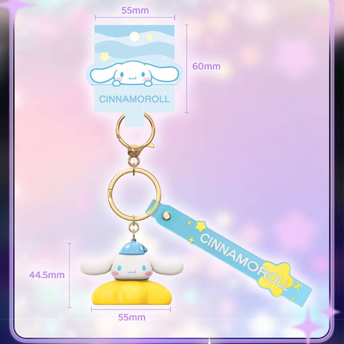 Cinnamoroll Sanrio Family Star Night Light Series Pendant Keychain with dimensions displayed, featuring a glowing yellow base and blue strap.