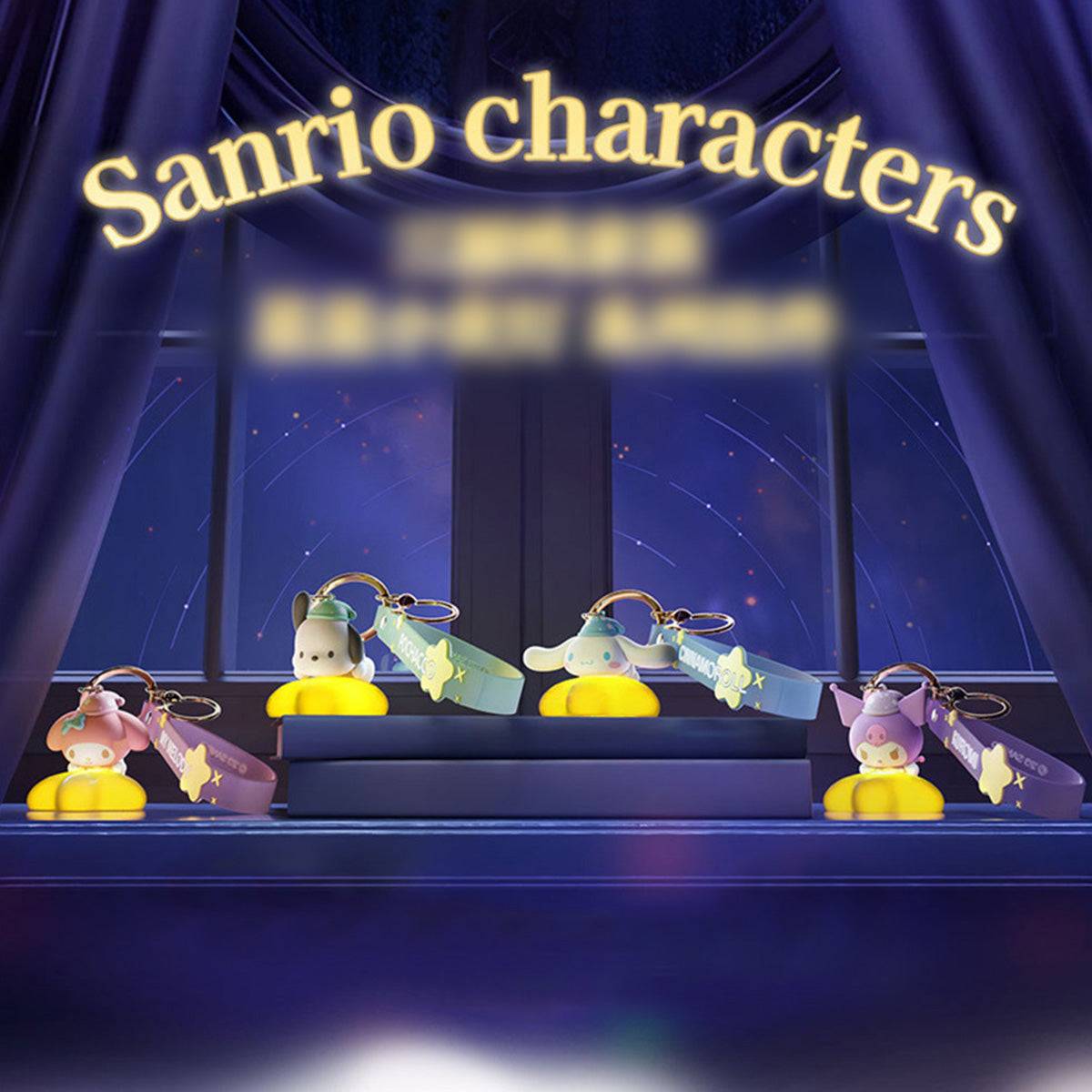 Complete set of Sanrio Family Star Night Light Series Pendant Keychains displayed on a windowsill, glowing under a starry night sky.