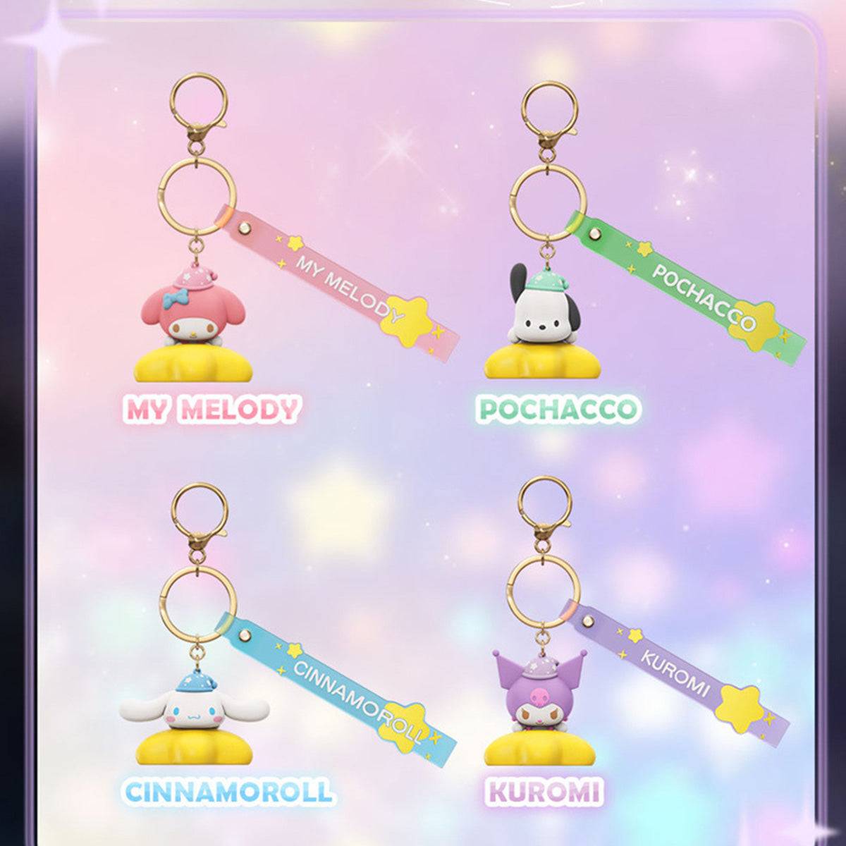 Sanrio Family Star Night Light Series Pendant Keychains featuring My Melody, Pochacco, Cinnamoroll, and Kuromi with colorful straps and glowing bases.