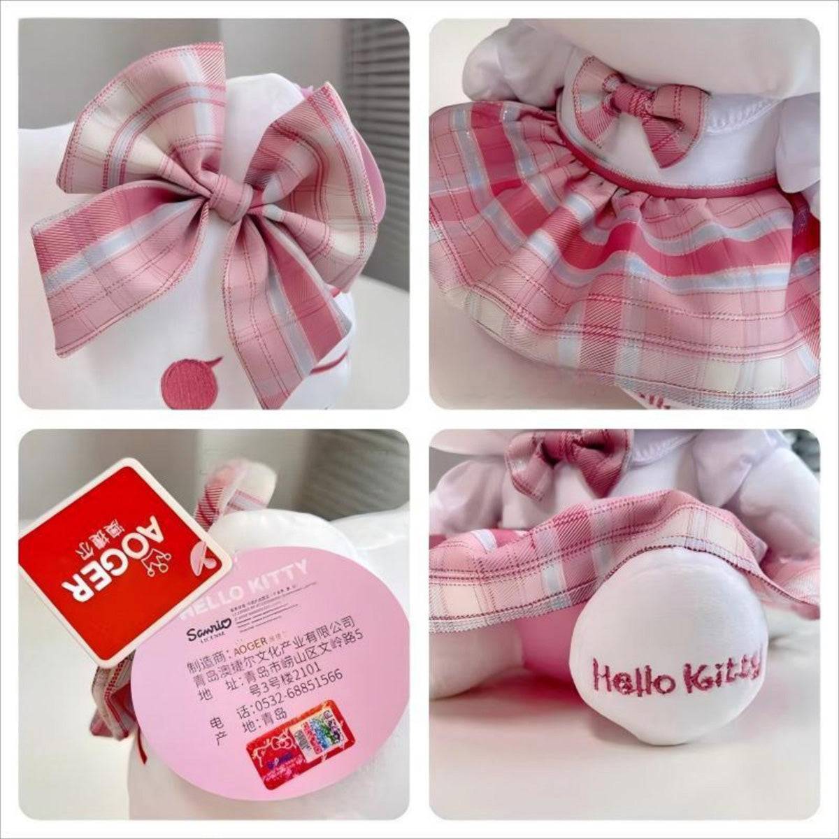 Close-up details of the Sanrio JK Series Hello Kitty plush toy 28cm, highlighting the plaid bow, embroidered logo, and official tag. A must-have for fans.