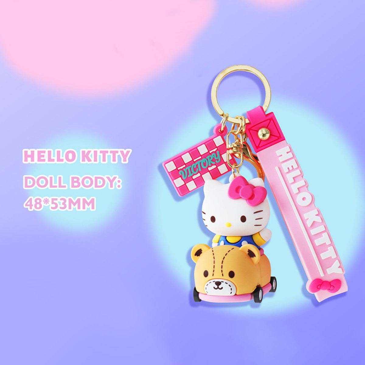 Hello Kitty Sanrio keychain in a bear-themed race car with rolling wheels, with dimensions of 48*53mm displayed.