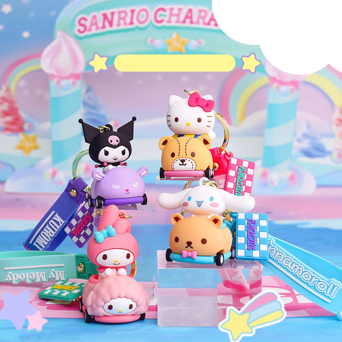 Sanrio race car keychain collection featuring Hello Kitty, My Melody, Kuromi, and Cinnamoroll in rolling wheel cars.