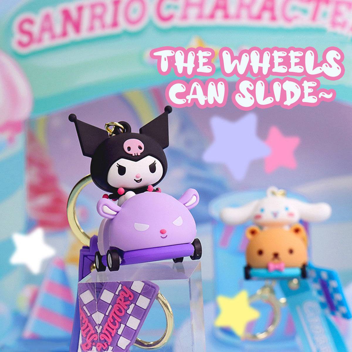 Kuromi Sanrio keychain in a purple race car with rolling wheels, displayed on a transparent stand with a 'VICTORY' charm.