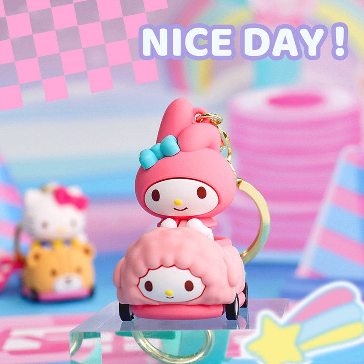 My Melody Sanrio keychain in a pink fluffy car with rolling wheels, set against a pastel racing-themed background.