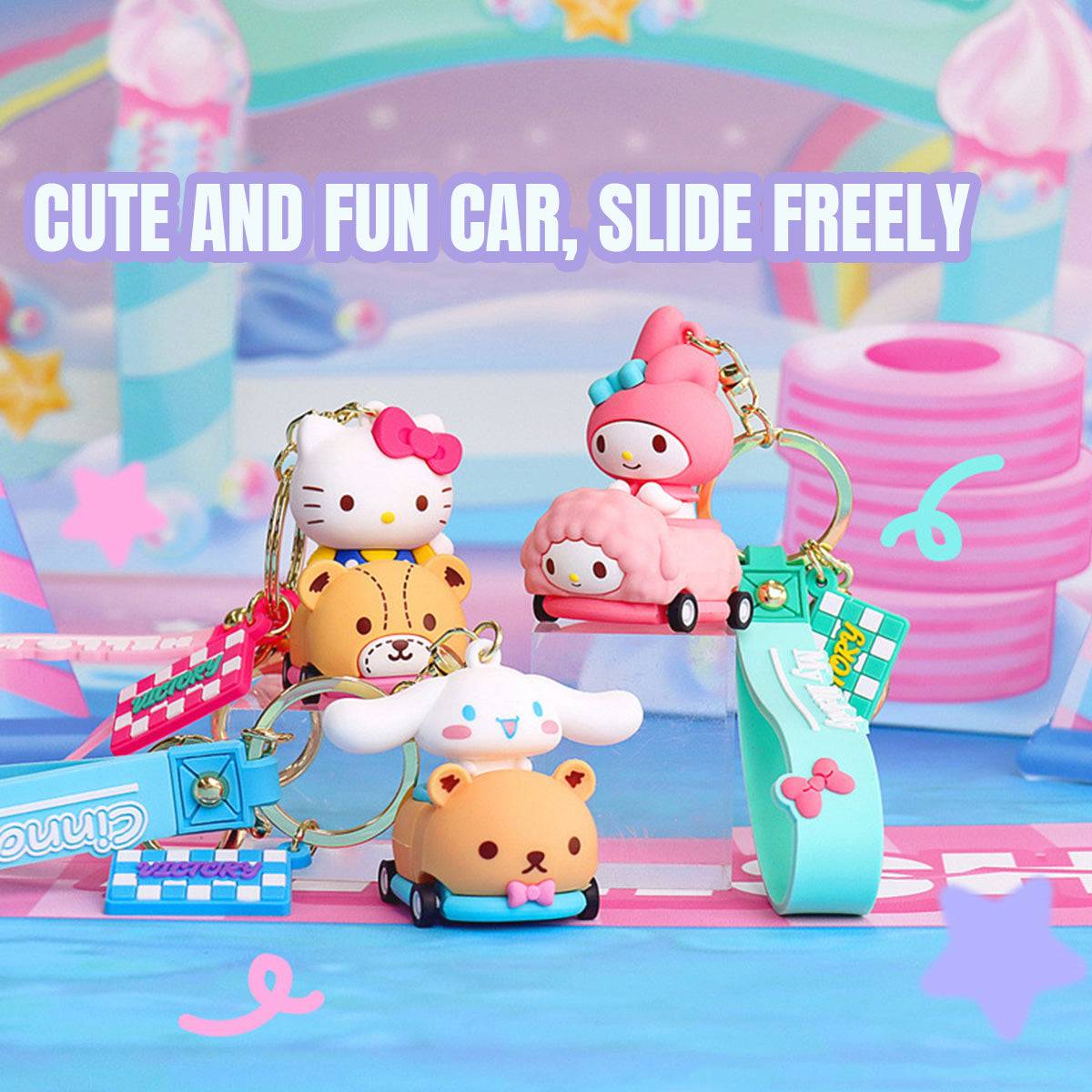 Sanrio race car keychains with rolling wheels, featuring Hello Kitty, My Melody, Kuromi, and Cinnamoroll in a playful setup.