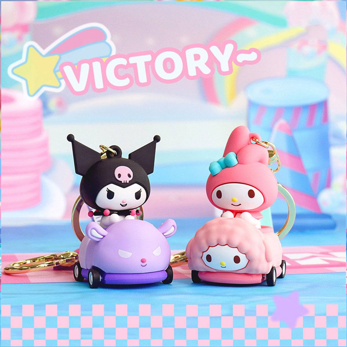 Kuromi and My Melody Sanrio keychains in race cars with rolling wheels, featuring a fun 'VICTORY' theme.