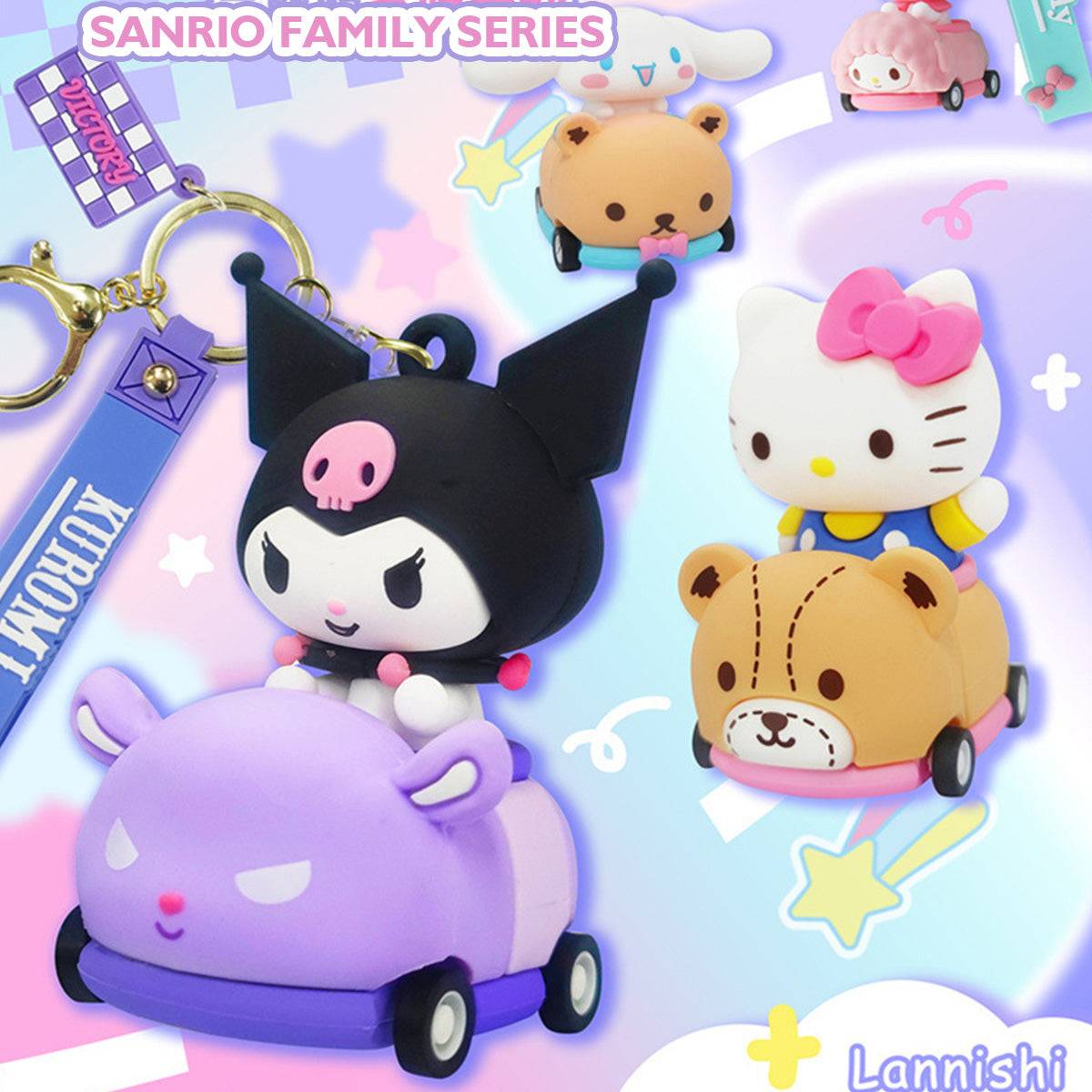 Sanrio Family Series race car keychains featuring Kuromi, Hello Kitty, and Cinnamoroll in rolling wheel cars.