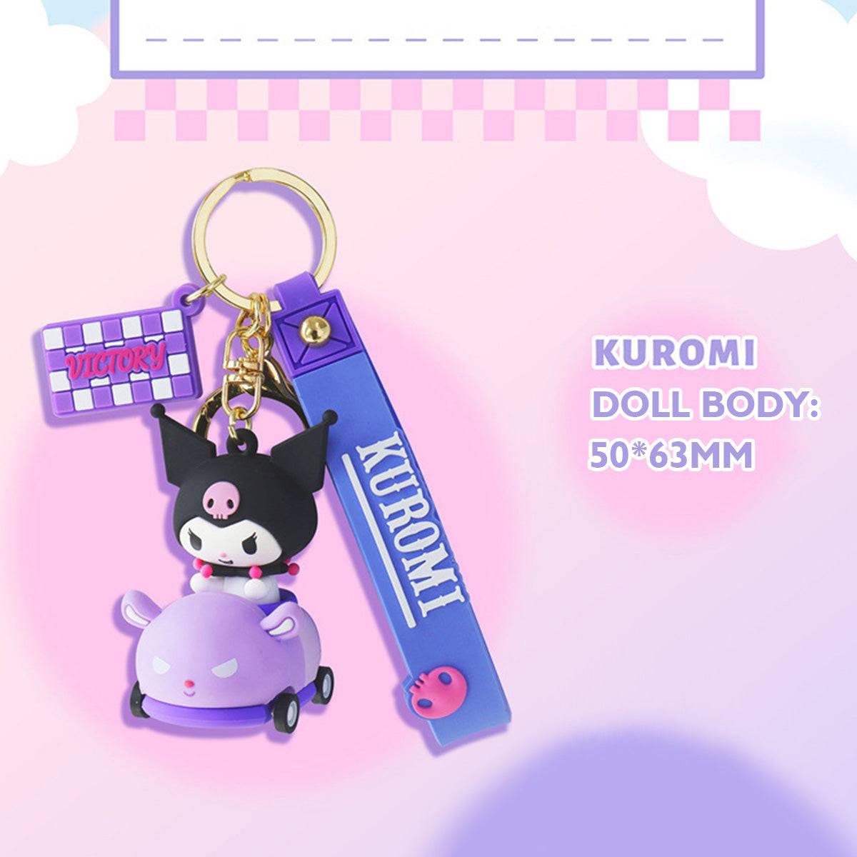 Kuromi Sanrio keychain in a purple race car with rolling wheels, with dimensions of 50*63mm displayed.
