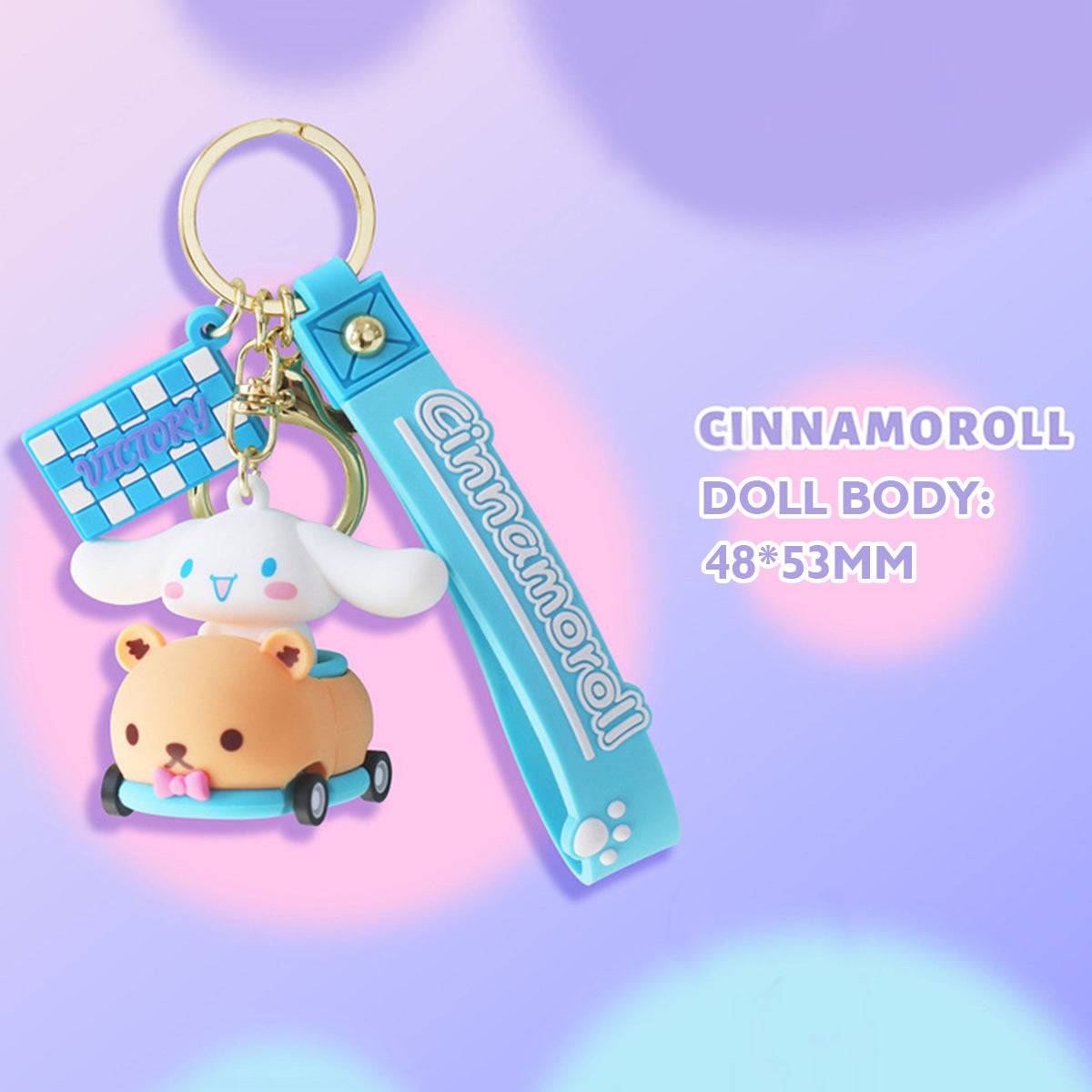 Cinnamoroll Sanrio keychain in a bear-themed race car with rolling wheels, with dimensions of 48*53mm displayed.