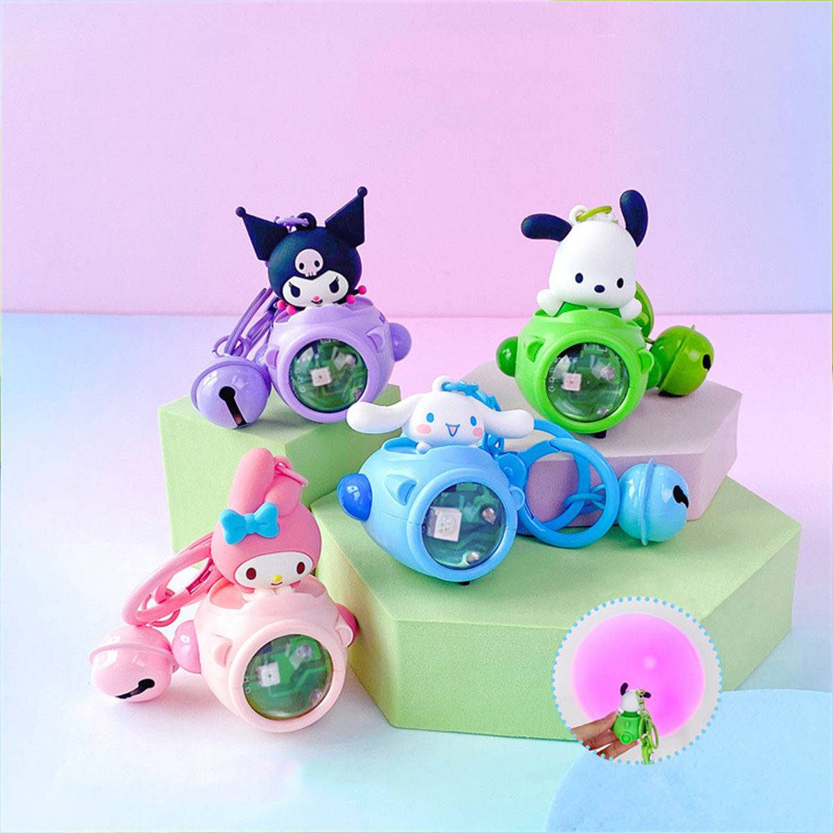 Complete set of Sanrio Sunset Light Spaceship Keychains featuring My Melody, Cinnamoroll, Kuromi, and Pochacco. A must-have for Sanrio fans.