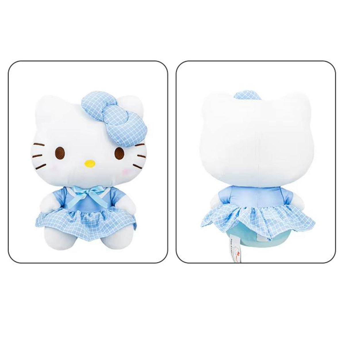 Front and back view of the Sanrio Uniform Series Hello Kitty Plush Toy 30cm, showcasing its detailed blue checkered dress and soft plush design.