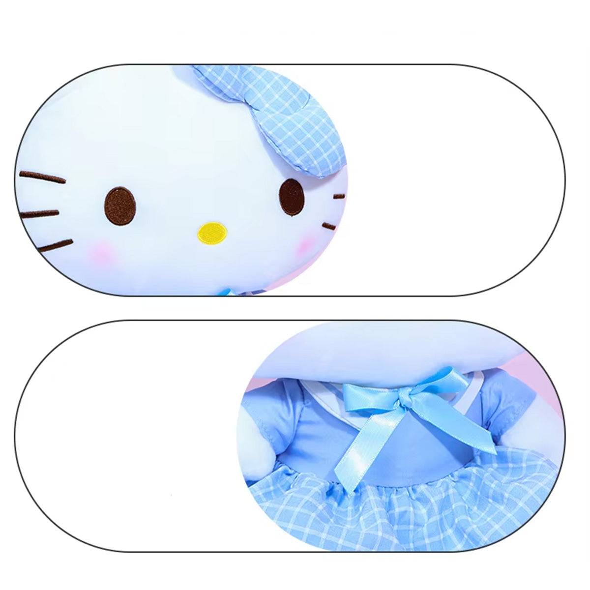 Close-up details of the Sanrio Hello Kitty plush toy, highlighting the soft fabric, embroidered face, and blue checkered outfit with ribbon accents.