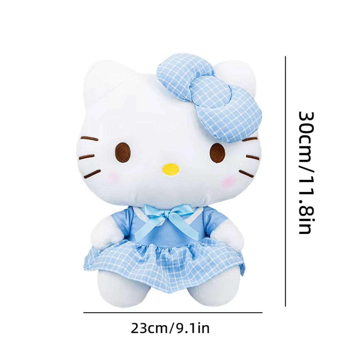 Sanrio Uniform Series Hello Kitty Plush Toy 30cm with size dimensions of 30cm height and 23cm width. A perfect cuddly gift for Hello Kitty fans.