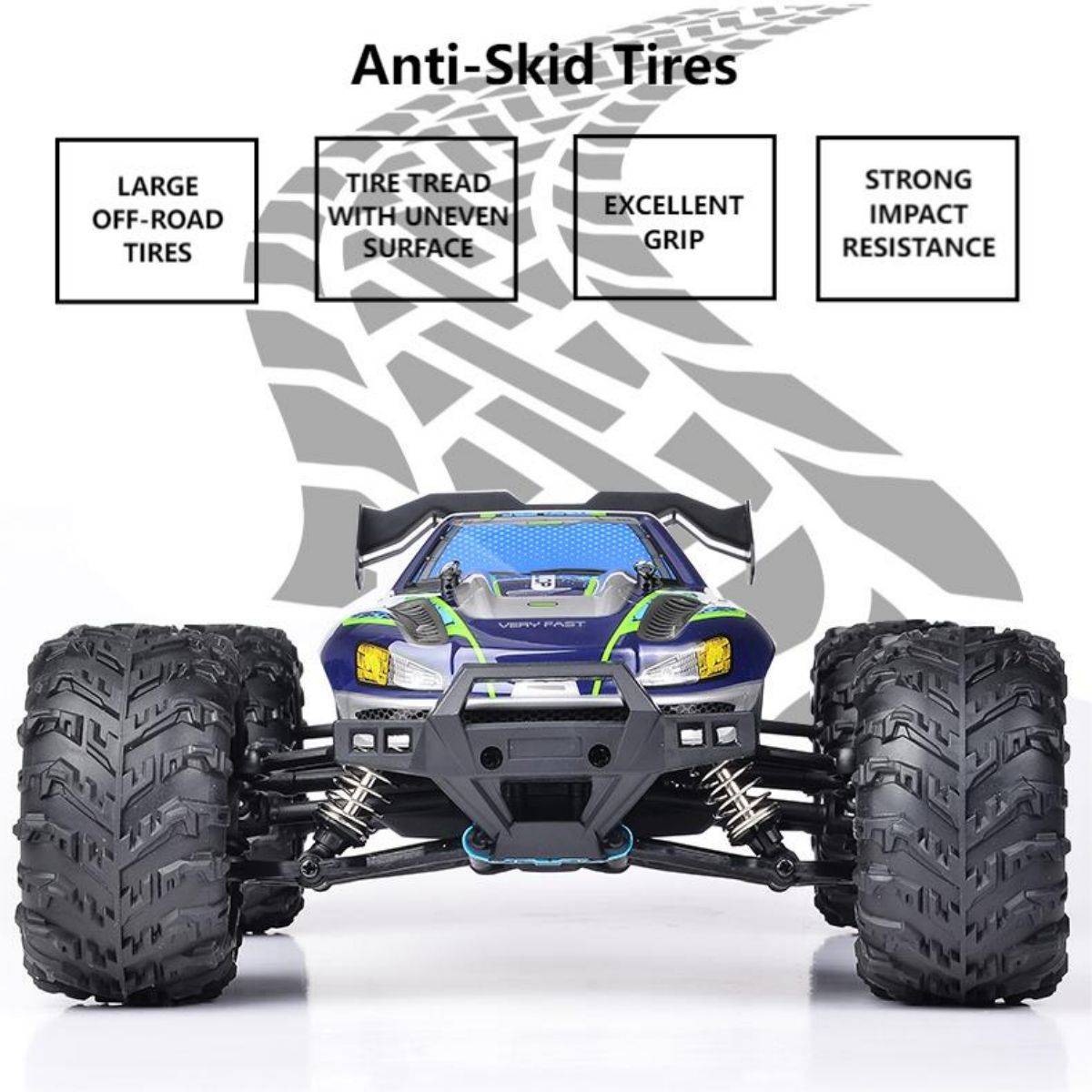 Anti-skid tires on the WBRC-I01 RC car provide excellent grip, strong impact resistance, and superior off-road performance.