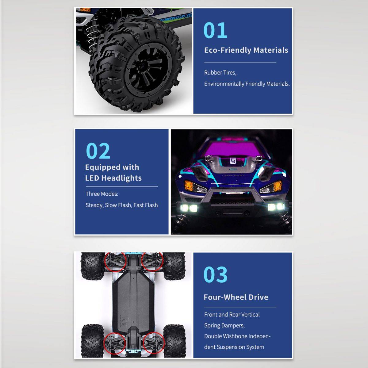 Eco-friendly materials, LED headlights, and four-wheel drive system make the WBRC-I01 remote control car a durable and high-performance choice.