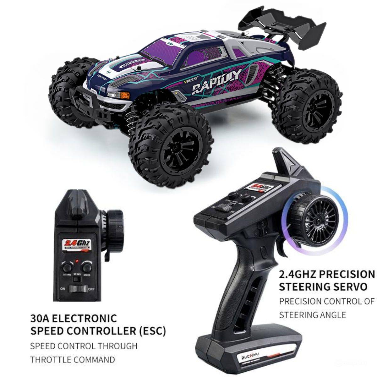 WBRC-I01 RC car with 30A electronic speed controller and 2.4GHz remote, ensuring smooth throttle control and precise maneuverability.