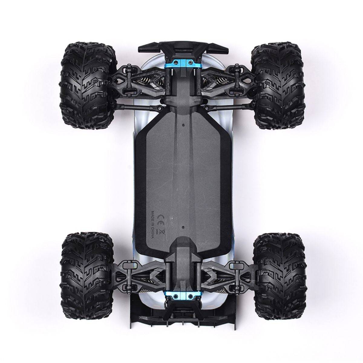 Bottom view of the WBRC-I01 RC car, highlighting its sturdy chassis and four-wheel drive system for enhanced stability and durability.