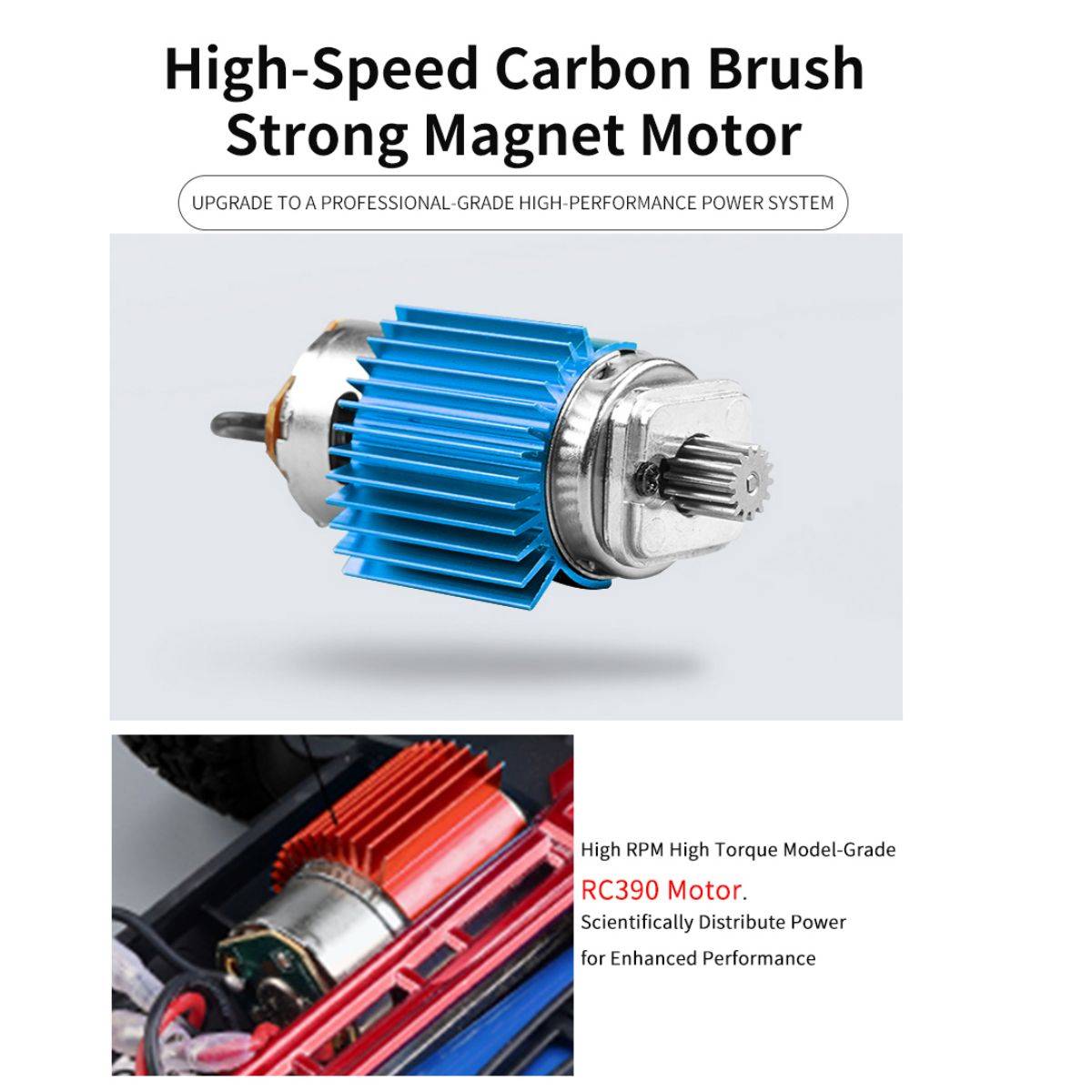 High-speed carbon brush motor in the WBRC-I01 RC car, delivering enhanced power and performance for thrilling off-road racing.