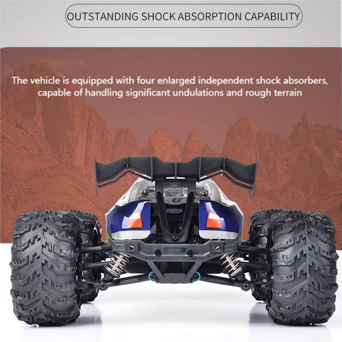 Outstanding shock absorption capability of the WBRC-I01 RC car with four independent shock absorbers for rough terrain performance.