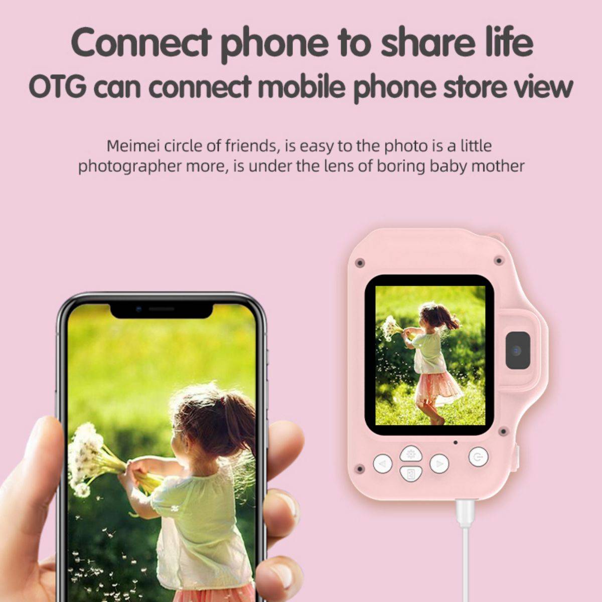 X10S Unicorn Kids Camera connected to a smartphone via OTG, allowing easy photo sharing and storage for young photographers.