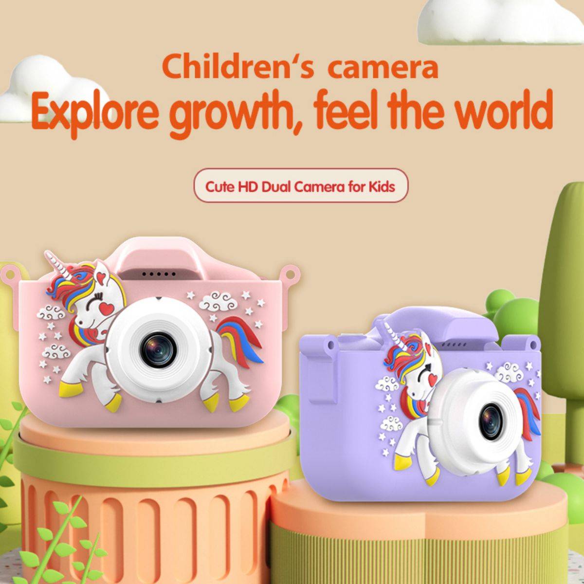 X10S Unicorn Kids Camera in pink and purple, designed for children to explore photography with dual lenses and fun features.