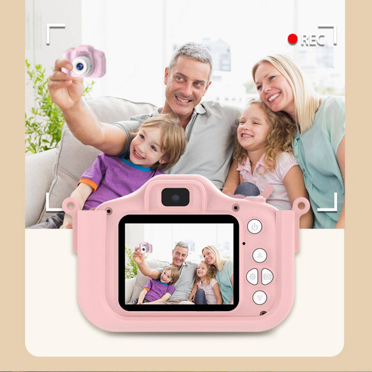 Family capturing happy moments with the X10S Unicorn Kids Camera, featuring a rear LCD screen for easy framing and recording.