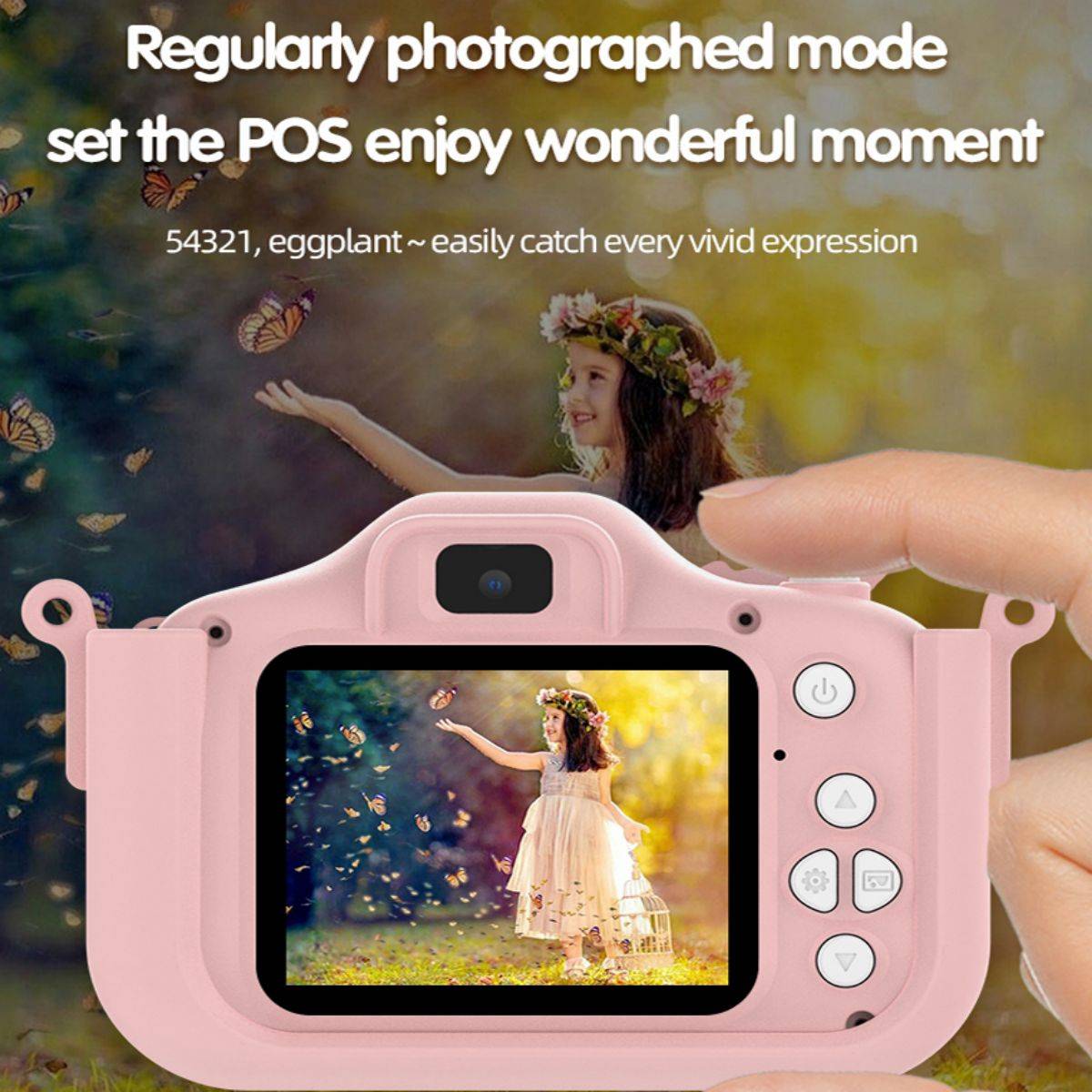 Rear view of the X10S Unicorn Kids Camera showing its LCD screen and control buttons, capturing a beautiful moment with a child in nature.