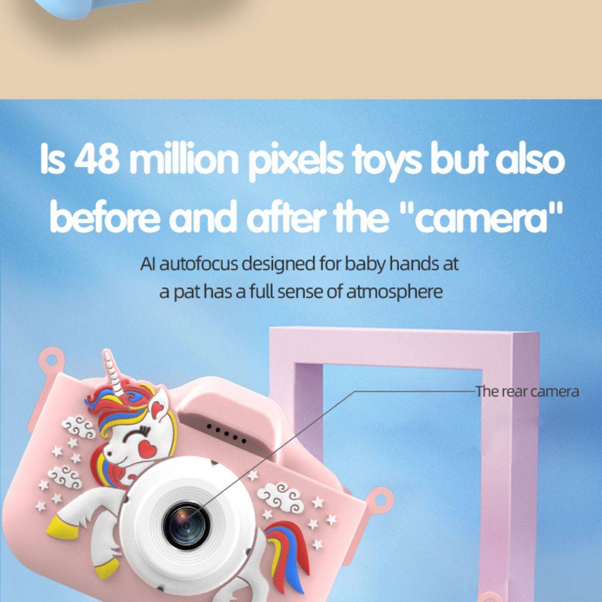 X10S Unicorn Kids Camera with 48MP resolution, showcasing its autofocus feature and rear camera for high-quality images.