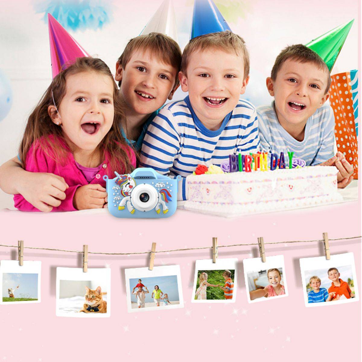 Kids celebrating a birthday with the X10S Unicorn Kids Camera, capturing joyful memories with its fun and easy-to-use design.