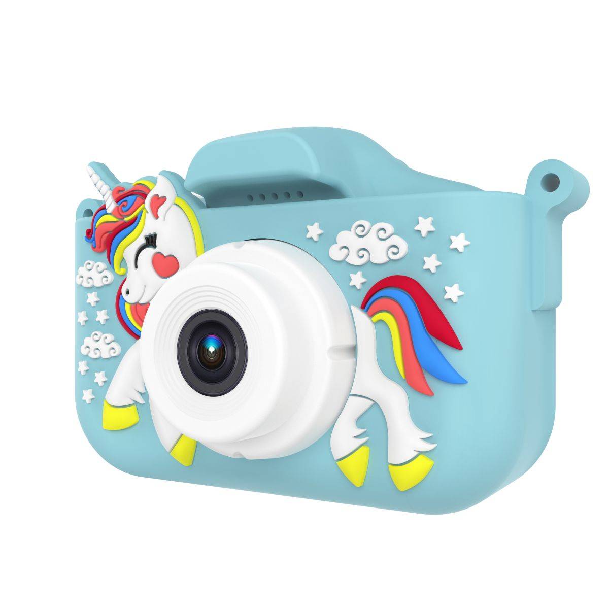 X10S Unicorn Kids Camera in blue with a unicorn design, offering dual lenses and 1080P resolution for young photographers.