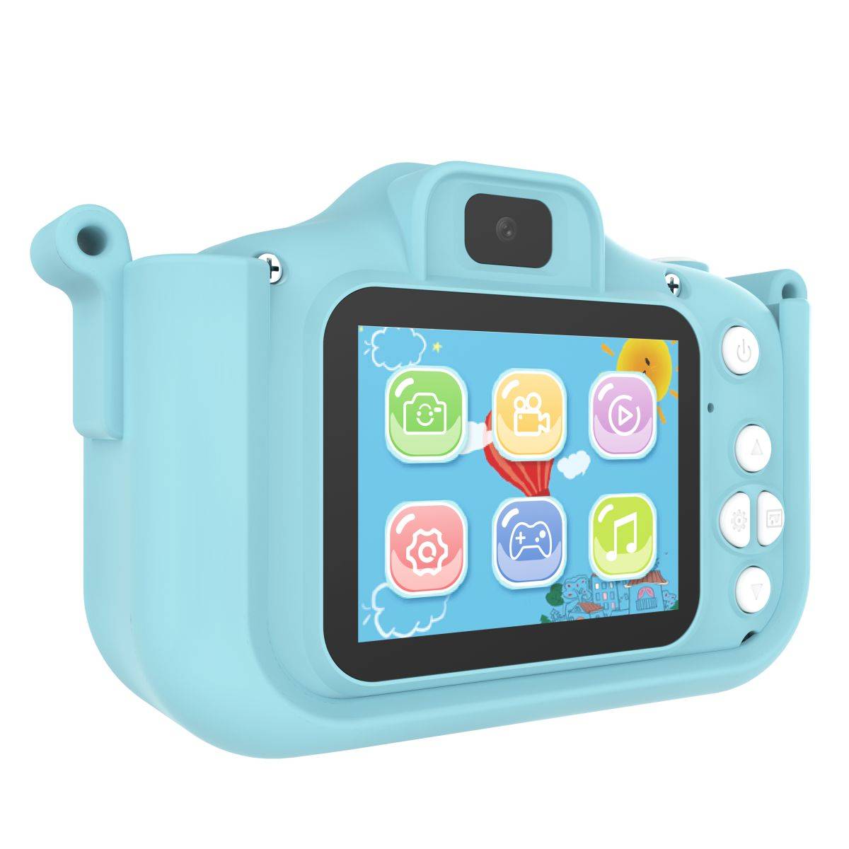 Rear view of the X10S Unicorn Kids Camera in blue, displaying its LCD screen with colorful icons for games, music, and photography.