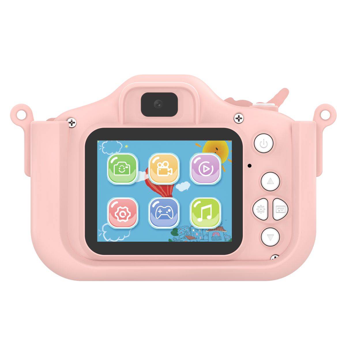 Back view of the X10S Unicorn Kids Camera in pink, showing its interactive LCD screen and multiple function buttons for kids.