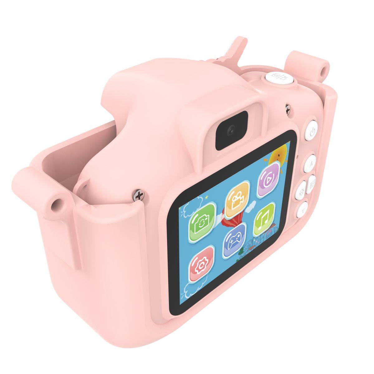 Side view of the X10S Unicorn Kids Camera in pink, highlighting its ergonomic design, rear screen, and easy-to-use buttons for children.