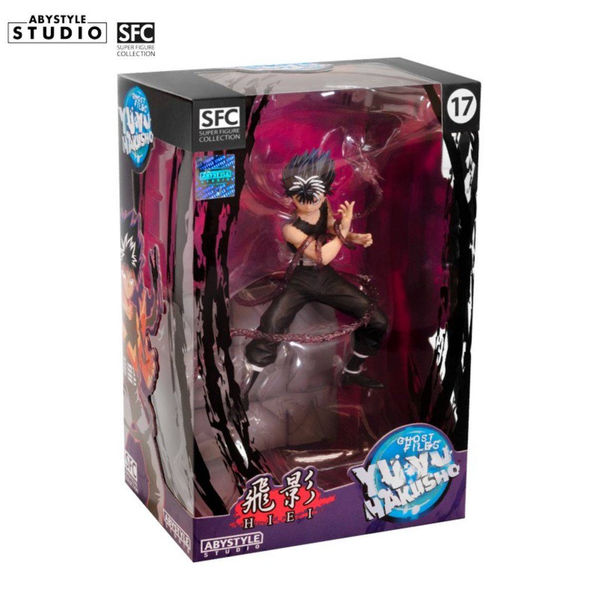 Packaged ABYstyle Studio Yu Yu Hakusho Hiei SFC Figure in a collector's box with anime-themed artwork and branding, perfect for display.