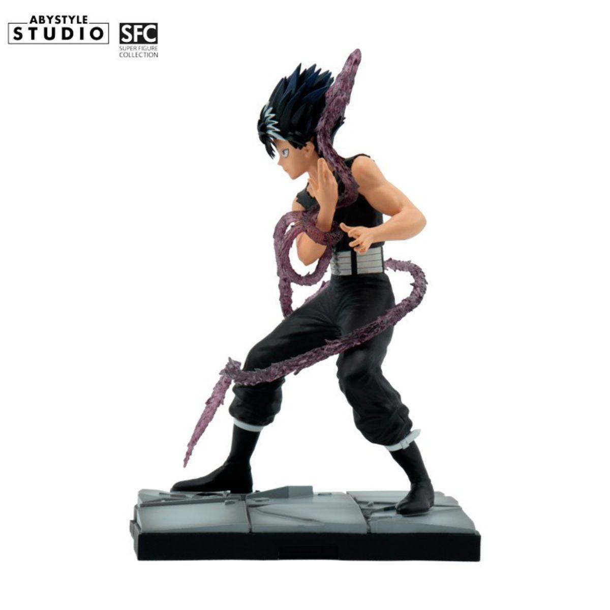 Side view of the ABYstyle Studio Yu Yu Hakusho Hiei SFC Figure, showcasing his black outfit and wrapped Dragon of the Darkness Flame effect.