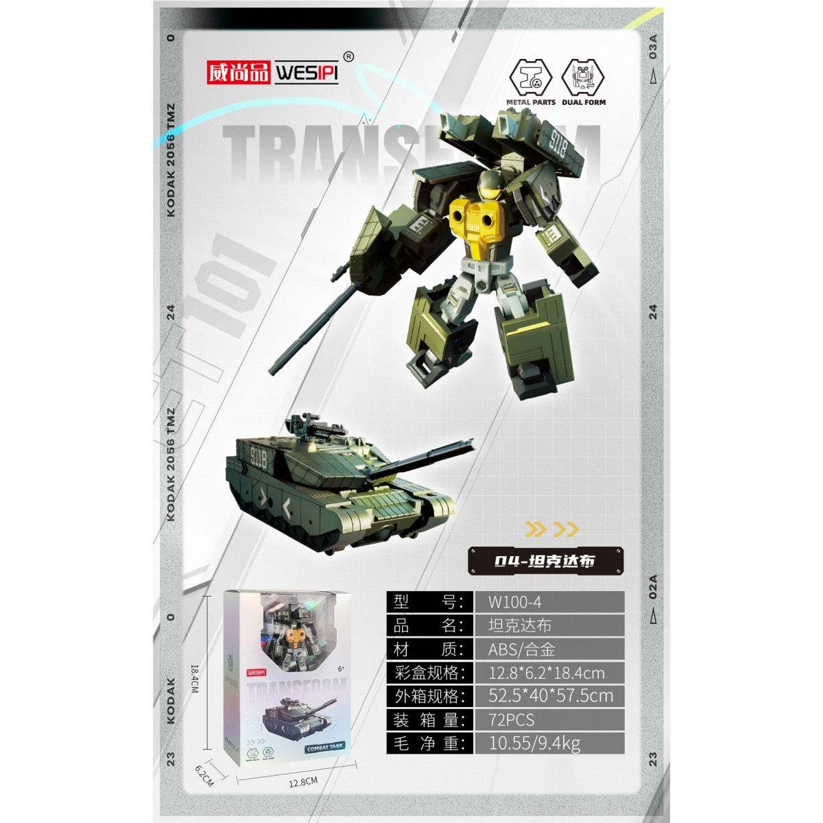 WESIPI Alloy Transform Robotic Action Figure W100-4 in green camo, shifts from robot to tank. Military-themed dual form action toy.