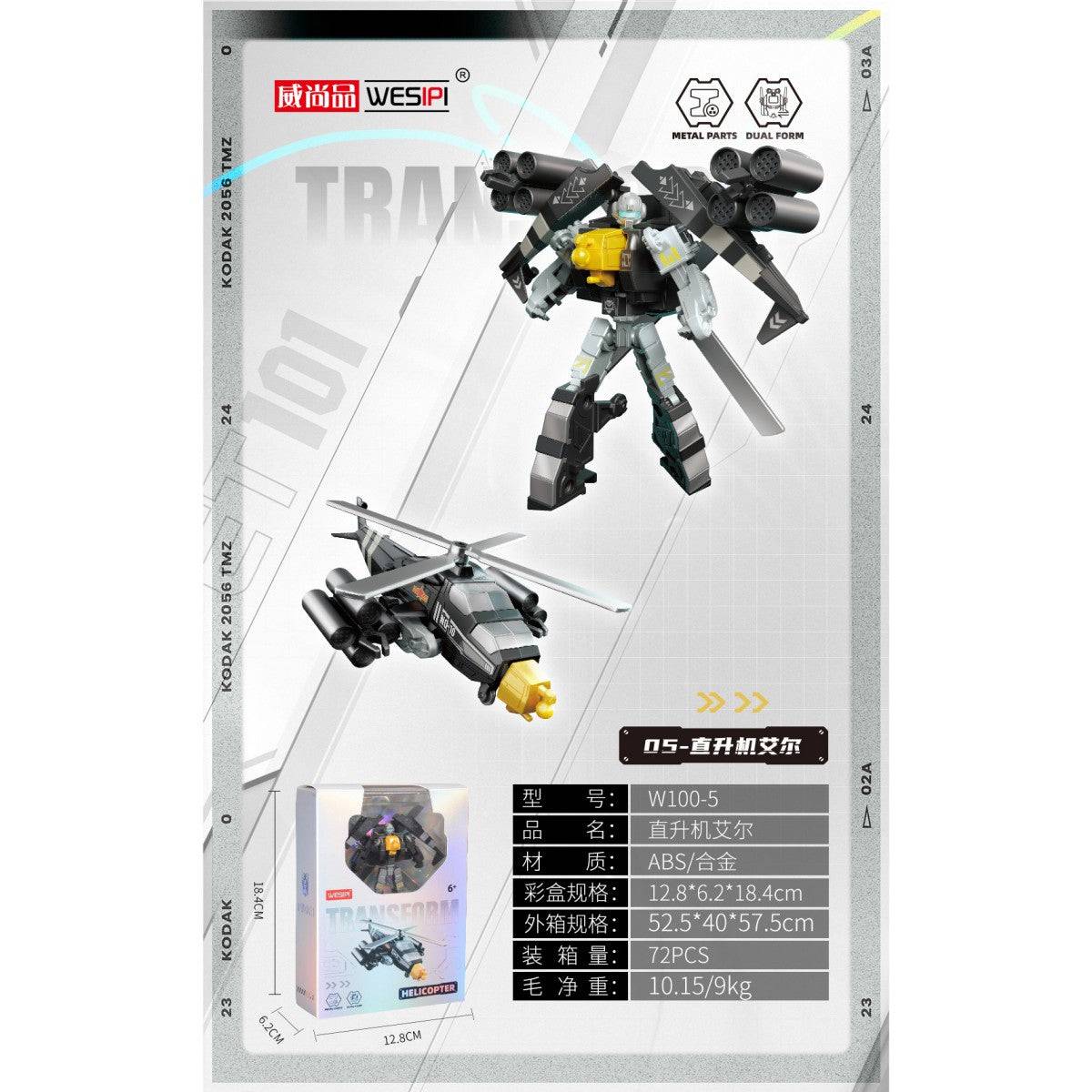 WESIPI Alloy Transform Robotic Action Figure W100-5 in black and silver, converts from robot to helicopter. Realistic design for action play.