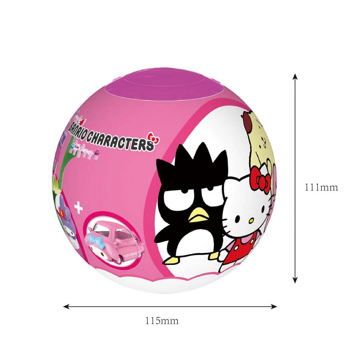 Sanrio Characters capsule packaging with Hello Kitty and Bad Badtz-Maru, measuring 115mm in diameter and 111mm in height.