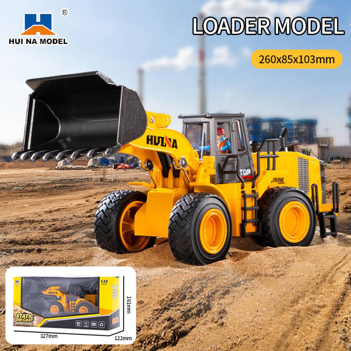 Huina 1:35 loader model with a functional bucket and detailed design, perfect for construction vehicle enthusiasts and interactive play.